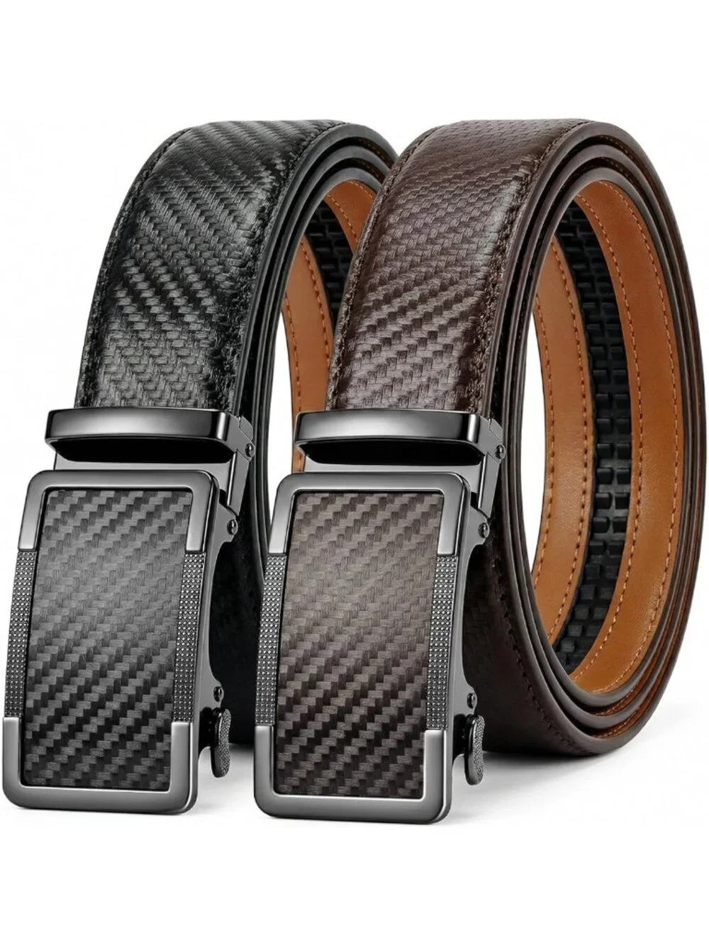 Men's Adjustable Leather Ratchet Belts 2-Pack | Holeless, Trim to Fit, Gift